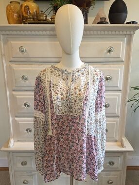 SUNDANCE Pink and Cream Floral Patchwork Blouse with Tassel Tie